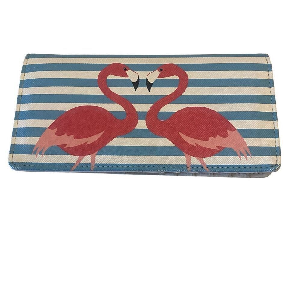 Pink Flamingo Blue and White Striped Bi-Fold Wallet‎